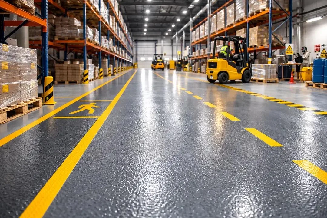 Corredor de centro de distribuição com piso resinado brilhante e faixas de circulação amarelas