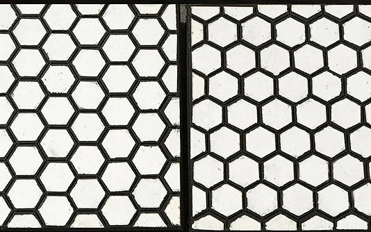 Placas compósitas com pastilhas hexagonais de alumina embutidas em borracha